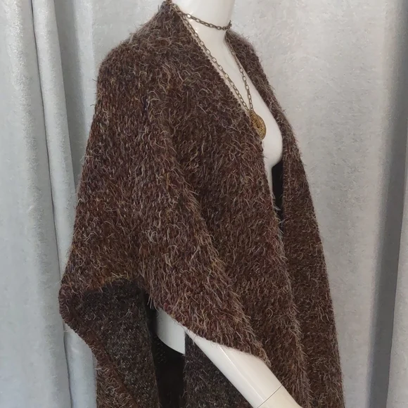 Bryn Walker Fall Poncho Wrap Open Long Fringe Bohemian Sweater Wool Shaggy Coat - Picture 6 of 8